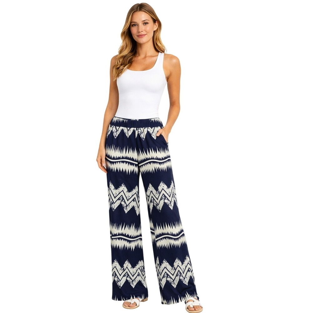 Loila Palazzo Pants Women Large Blue White Chevron Geometric Wide Leg‎ Boho
